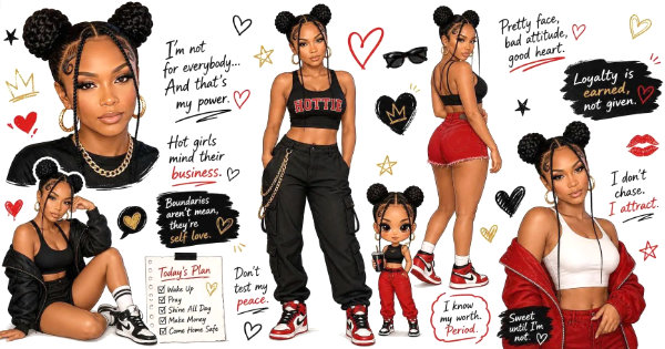A character collage with portraits, fashion poses, and hand-drawn decorations