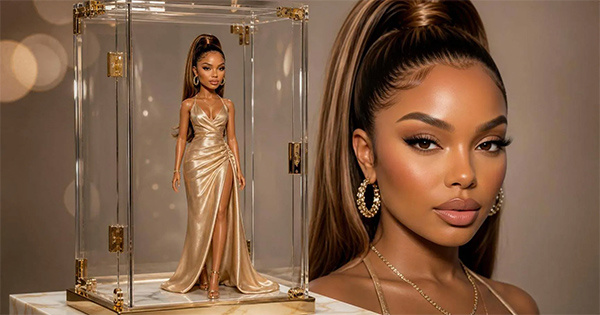 A glamorous woman reimagined as a collectible doll in a clear display case