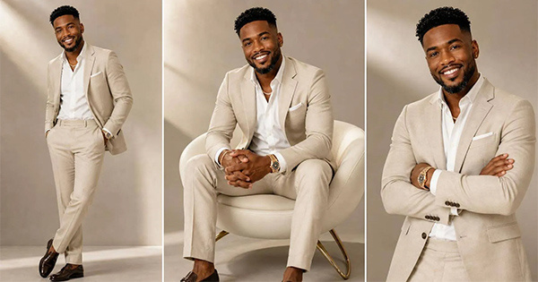 Three studio portraits of a man wearing a cream suit