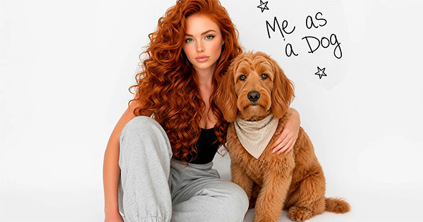 A red-haired woman beside a dog with a matching warm coat color