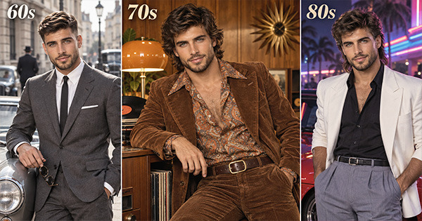 Men's portraits inspired by the 1960s, 1970s, and 1980s