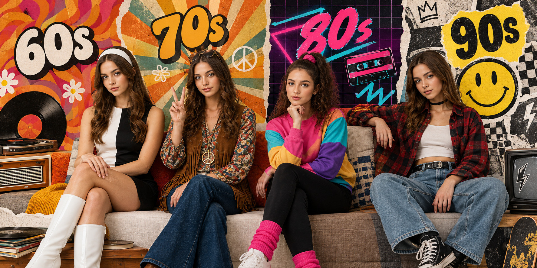 Four fashion looks inspired by the 1960s through the 1990s